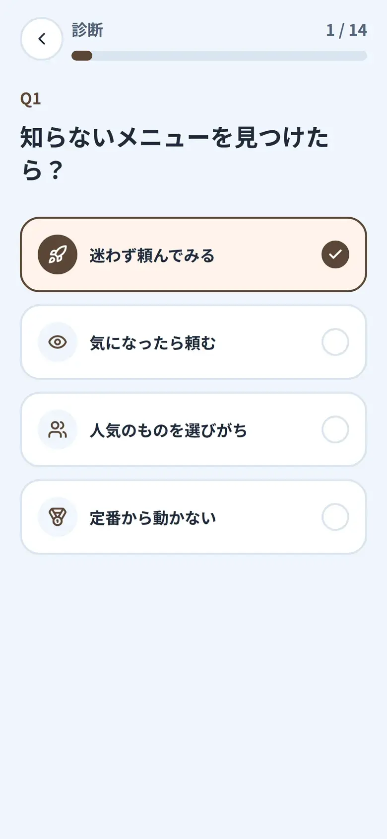 タイプ診断の最初の質問の画面（カフェのデモ店舗）